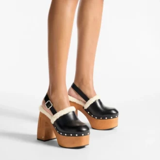 Alida Platform 135 – Sandali con cinturino posteriore in pelle di vitello lucida nera con shearling