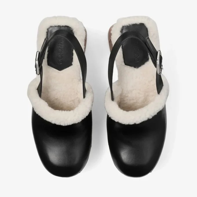 Alida Platform 135 – Sandali con cinturino posteriore in pelle di vitello lucida nera con shearling Alida Platform 135 – Sandali con cinturino posteriore in pelle di vitello lucida nera con shearling