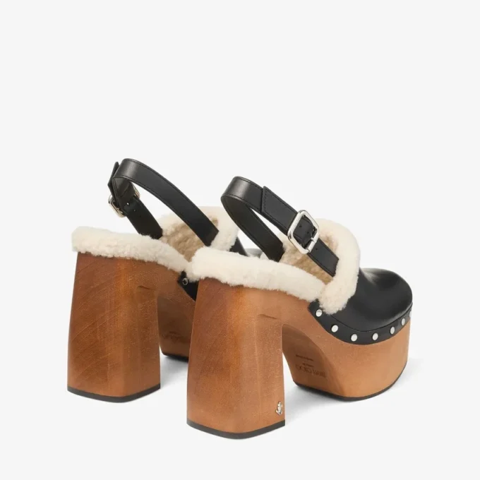 Alida Platform 135 – Sandali con cinturino posteriore in pelle di vitello lucida nera con shearling Alida Platform 135 – Sandali con cinturino posteriore in pelle di vitello lucida nera con shearling