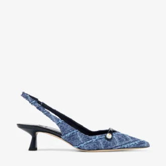 Amita 45 Slingback in denim a trama incrociata color blu marino e vernice