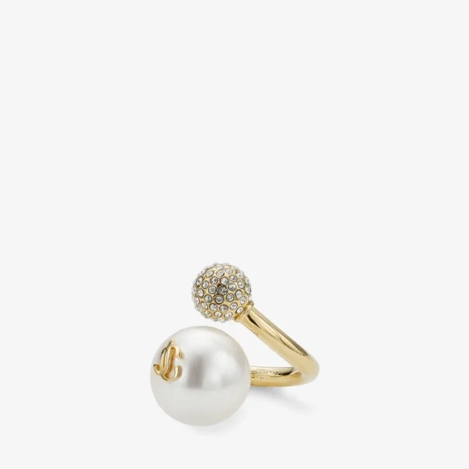 Anello Auri Anello in metallo con finitura dorata, perla e cristalli Anello Auri Anello in metallo con finitura dorata, perla e cristalli