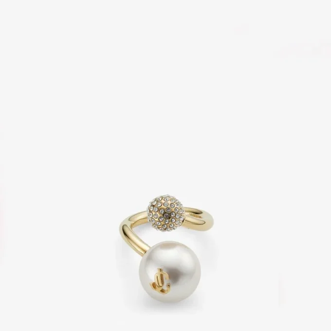Anello Auri Anello in metallo con finitura dorata, perla e cristalli Anello Auri Anello in metallo con finitura dorata, perla e cristalli