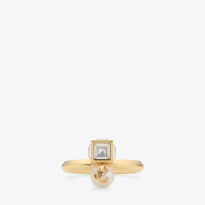 Anello Jc Pearl Cube Anello in metallo dorato con perla e cubo di cristallo Anello Jc Pearl Cube Anello in metallo dorato con perla e cubo di cristallo