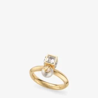 Anello Jc Pearl Cube Anello in metallo dorato con perla e cubo di cristallo Anello Jc Pearl Cube Anello in metallo dorato con perla e cubo di cristallo