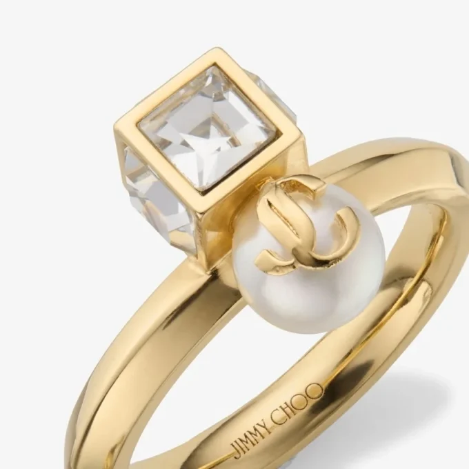 Anello Jc Pearl Cube Anello in metallo dorato con perla e cubo di cristallo Anello Jc Pearl Cube Anello in metallo dorato con perla e cubo di cristallo