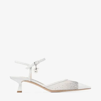Aren Sling Back 45 Sandali con cinturino posteriore in rete di cristallo bianco con ciondolo a perla