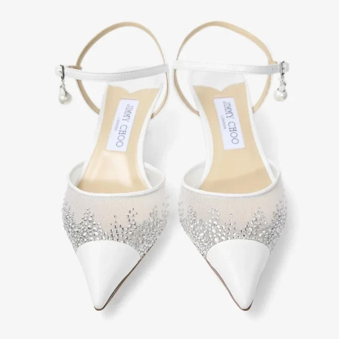 Aren Sling Back 45 Sandali con cinturino posteriore in rete di cristallo bianco con ciondolo a perla Aren Sling Back 45 Sandali con cinturino posteriore in rete di cristallo bianco con ciondolo a perla