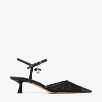 Aren Sling Back 45 Sandali slingback neri in pelle spazzolata e mesh con motivo a cuori e ciondolo a perla