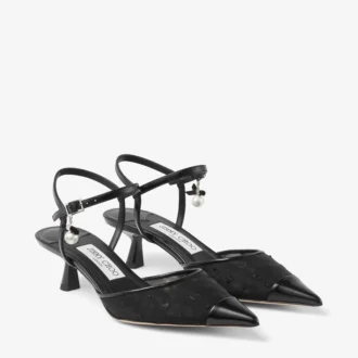 Aren Sling Back 45 Sandali slingback neri in pelle spazzolata e mesh con motivo a cuori e ciondolo a perla