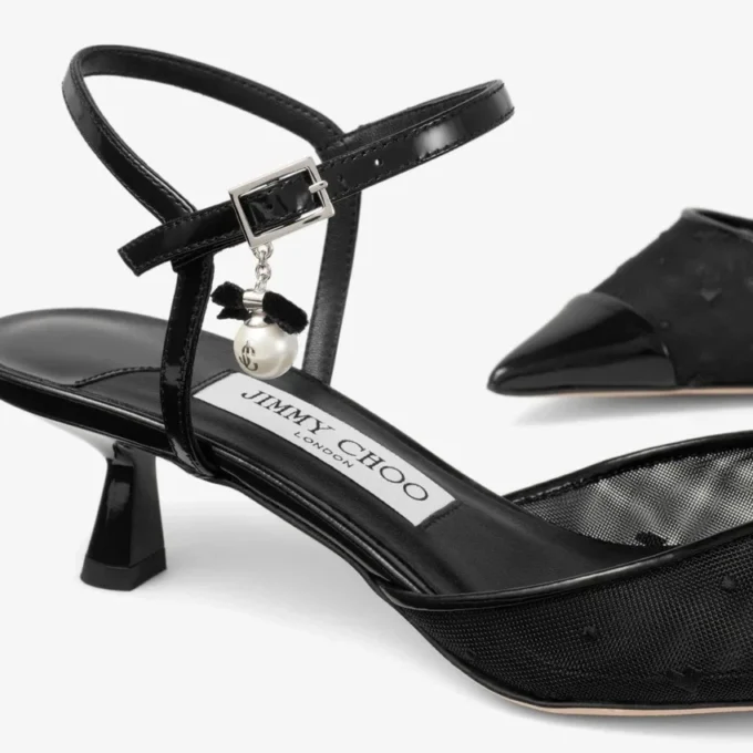 Aren Sling Back 45 Sandali slingback neri in pelle spazzolata e mesh con motivo a cuori e ciondolo a perla Aren Sling Back 45 Sandali slingback neri in pelle spazzolata e mesh con motivo a cuori e ciondolo a perla