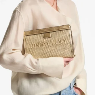 Avenue Pouch Pouch in rafia ricamata metallizzata oro e cappuccino scuro Avenue Pouch Pouch in rafia ricamata metallizzata oro e cappuccino scuro