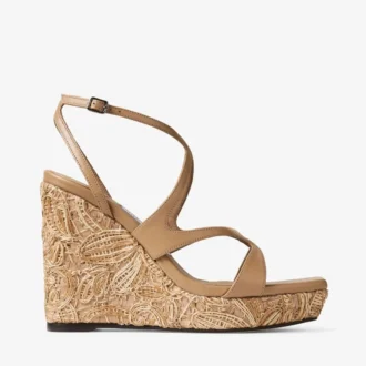 Ayla 110 Zeppe in pelle nappa color cappuccino e rafia intrecciata a fiori