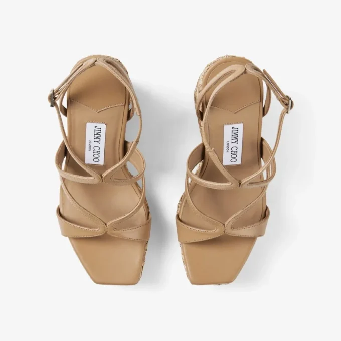 Ayla 110 Zeppe in pelle nappa color cappuccino e rafia intrecciata a fiori