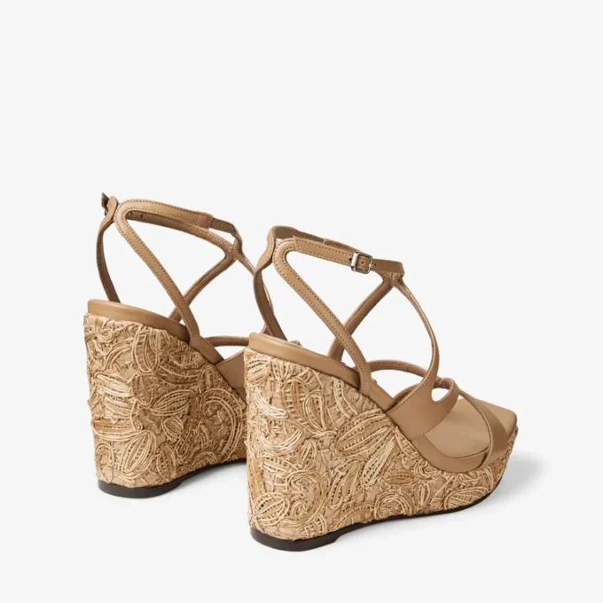 Ayla 110 Zeppe in pelle nappa color cappuccino e rafia intrecciata a fiori