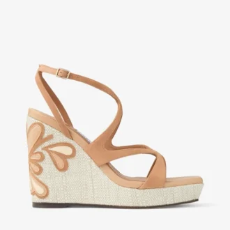 Ayla 110 Zeppe in pelle scamosciata e nappa color caramello e naturale con raffia pregiata