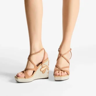 Ayla 110 Zeppe in pelle scamosciata e nappa color caramello e naturale con raffia pregiata