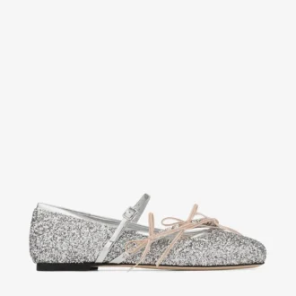 Ballerine Loli in tessuto glitterato argento e Macaron Powder con fiocchi in raso