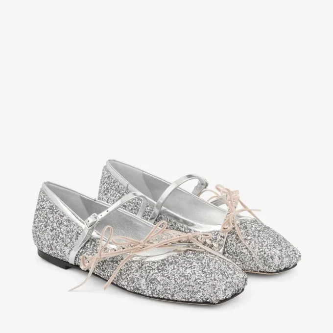 Ballerine Loli in tessuto glitterato argento e Macaron Powder con fiocchi in raso Ballerine Loli in tessuto glitterato argento e Macaron Powder con fiocchi in raso