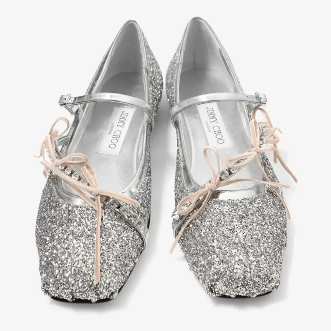 Ballerine Loli in tessuto glitterato argento e Macaron Powder con fiocchi in raso Ballerine Loli in tessuto glitterato argento e Macaron Powder con fiocchi in raso
