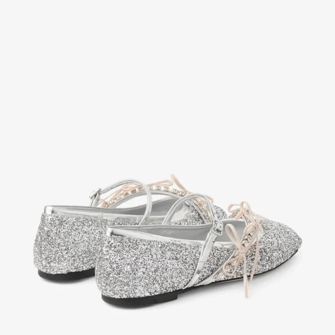 Ballerine Loli in tessuto glitterato argento e Macaron Powder con fiocchi in raso Ballerine Loli in tessuto glitterato argento e Macaron Powder con fiocchi in raso