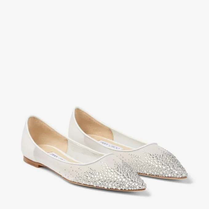 Ballerine Love Flat in rete bianca sfumata con cristalli Ballerine Love Flat in rete bianca sfumata con cristalli