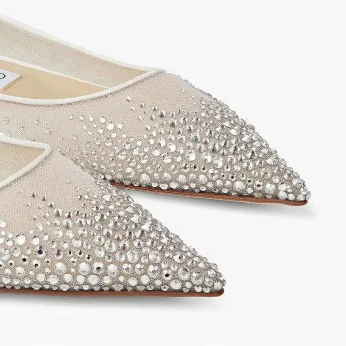 Ballerine Love Flat in rete bianca sfumata con cristalli Ballerine Love Flat in rete bianca sfumata con cristalli