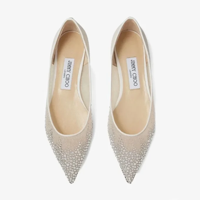 Ballerine Love Flat in rete bianca sfumata con cristalli Ballerine Love Flat in rete bianca sfumata con cristalli