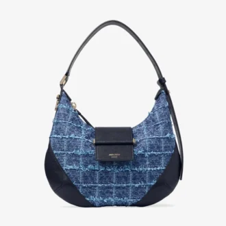 Bar Hobo Small Borsa a tracolla in tessuto denim a trama incrociata color blu navy con finiture in pelle stile Biker