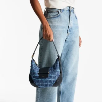 Bar Hobo Small Borsa a tracolla in tessuto denim a trama incrociata color blu navy con finiture in pelle stile Biker