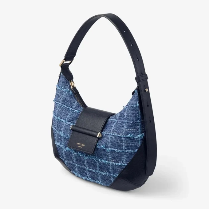 Bar Hobo Small Borsa a tracolla in tessuto denim a trama incrociata color blu navy con finiture in pelle stile Biker Bar Hobo Small Borsa a tracolla in tessuto denim a trama incrociata color blu navy con finiture in pelle stile Biker