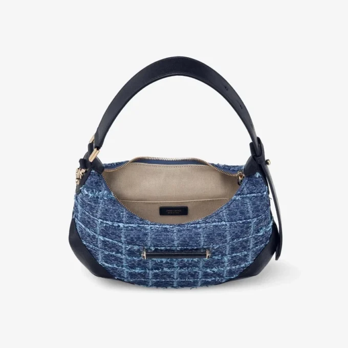 Bar Hobo Small Borsa a tracolla in tessuto denim a trama incrociata color blu navy con finiture in pelle stile Biker Bar Hobo Small Borsa a tracolla in tessuto denim a trama incrociata color blu navy con finiture in pelle stile Biker