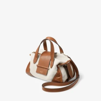 Bar Holdall Small Borsa da viaggio in tela riciclata naturale e marrone chiaro con finiture in pelle Biker