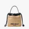 Borsa a cordoncino con manico superiore Borsa a cordoncino in rafia morbida naturale e nera con finiture in pelle Borsa a cordoncino con manico superiore Borsa a cordoncino in rafia morbida naturale e nera con finiture in pelle