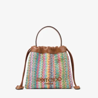 Borsa a coulisse con manico superiore Borsa a coulisse in rafia multicolore e color cuoio con motivo a zig-zag e finiture in pelle