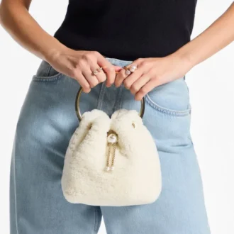 Borsa a secchiello Bon Bon in pelle naturale con manico in metallo