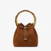 Borsa a secchiello Bon Bon in pelle scamosciata color cuoio con chiusura a perline e manico tartarugato Borsa a secchiello Bon Bon in pelle scamosciata color cuoio con chiusura a perline e manico tartarugato