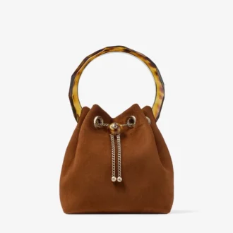 Borsa a secchiello Bon Bon in pelle scamosciata color cuoio con chiusura a perline e manico tartarugato