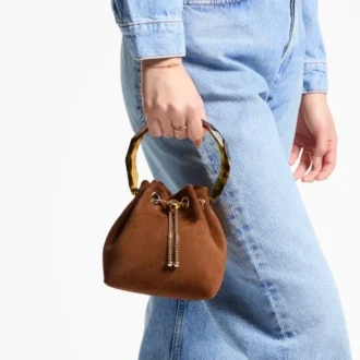 Borsa a secchiello Bon Bon in pelle scamosciata color cuoio con chiusura a perline e manico tartarugato