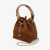 Borsa a secchiello Bon Bon in pelle scamosciata color cuoio con chiusura a perline e manico tartarugato Borsa a secchiello Bon Bon in pelle scamosciata color cuoio con chiusura a perline e manico tartarugato