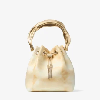 Borsa a secchiello Bon Bon in pelle tie-dye mix naturale con manico scolpito