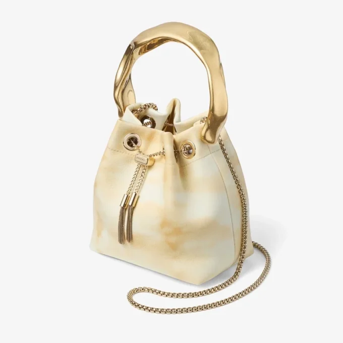 Borsa a secchiello Bon Bon in pelle tie-dye mix naturale con manico scolpito Borsa a secchiello Bon Bon in pelle tie-dye mix naturale con manico scolpito