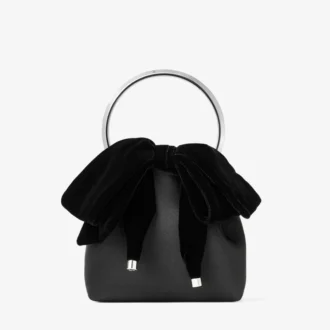 Borsa a secchiello Bon Bon in raso nero con fiocco in velluto