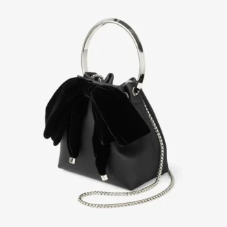 Borsa a secchiello Bon Bon in raso nero con fiocco in velluto
