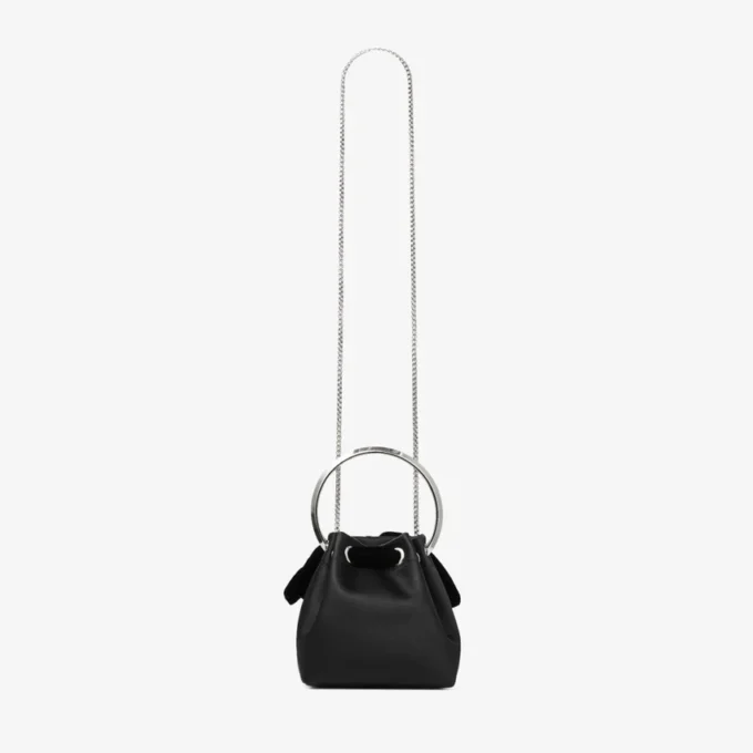 Borsa a secchiello Bon Bon in raso nero con fiocco in velluto Borsa a secchiello Bon Bon in raso nero con fiocco in velluto