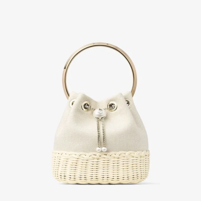 Borsa a secchiello Bon Bon in tela screziata color mandorla e vimini Borsa a secchiello Bon Bon in tela screziata color mandorla e vimini