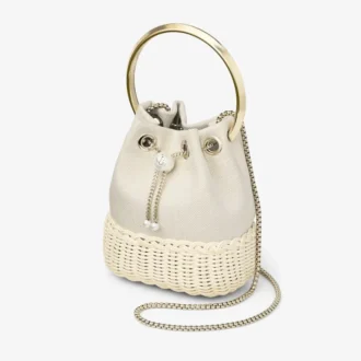 Borsa a secchiello Bon Bon in tela screziata color mandorla e vimini