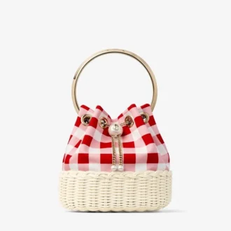 Borsa a secchiello Bon Bon in tessuto di cotone a quadretti rosso rubino e vimini