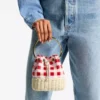 Borsa a secchiello Bon Bon in tessuto di cotone a quadretti rosso rubino e vimini