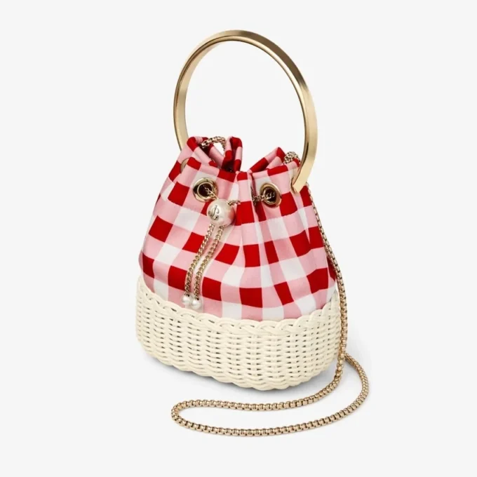 Borsa a secchiello Bon Bon in tessuto di cotone a quadretti rosso rubino e vimini
