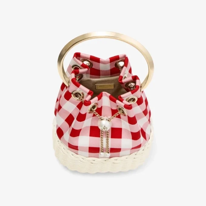 Borsa a secchiello Bon Bon in tessuto di cotone a quadretti rosso rubino e vimini